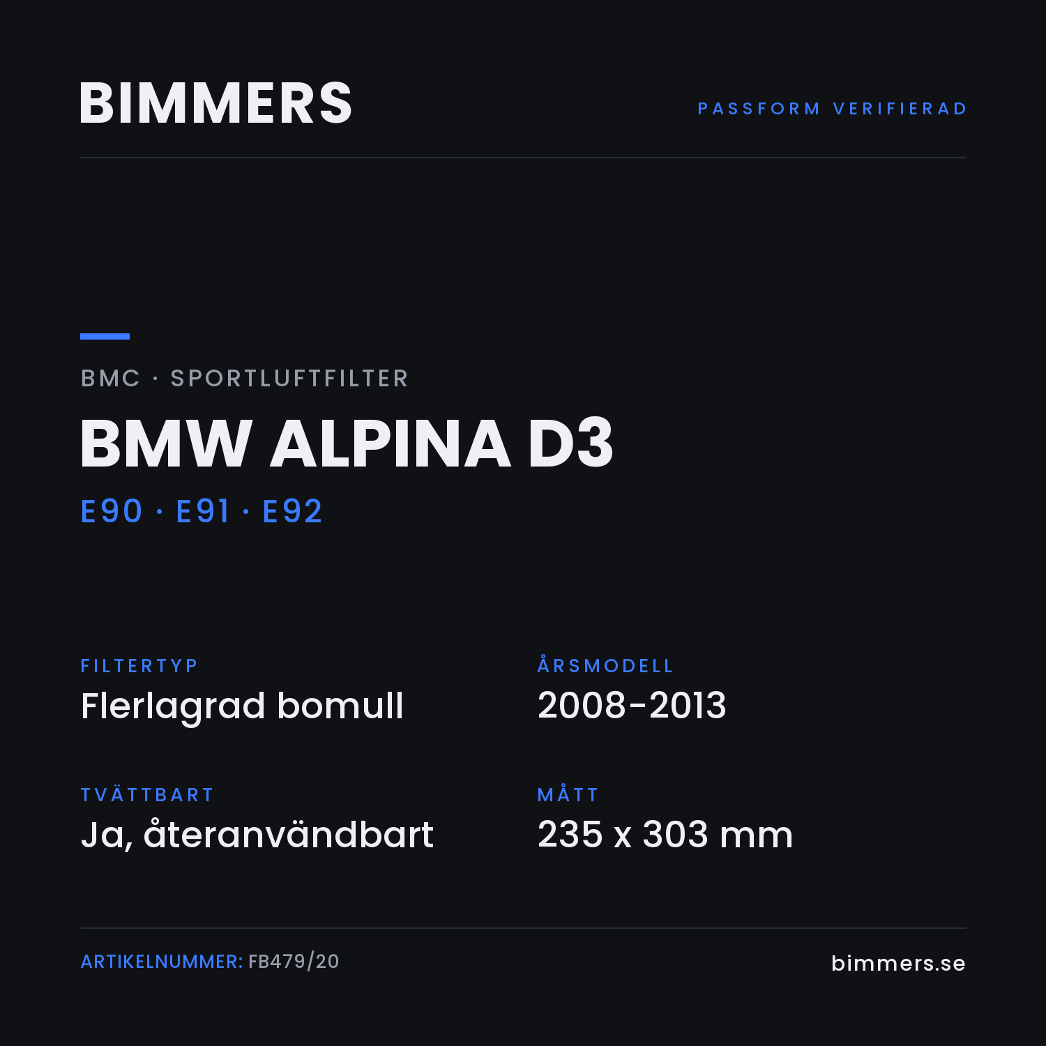 Faktabild med passform och specifikationer för BMC-luftfilter FB479/20 till BMW Alpina D3