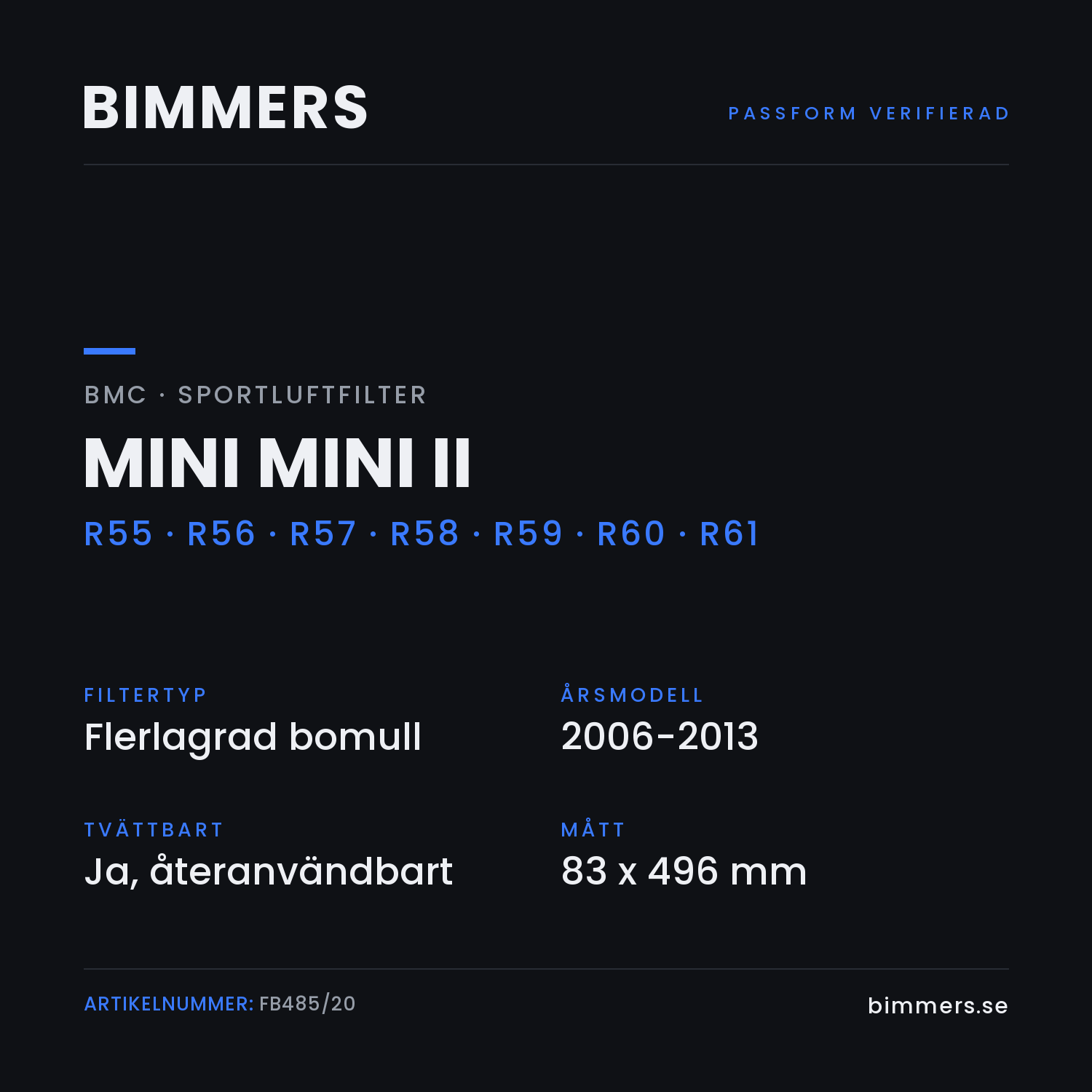 Faktabild med passform och specifikationer för BMC-luftfilter FB485/20 till MINI Mini II
