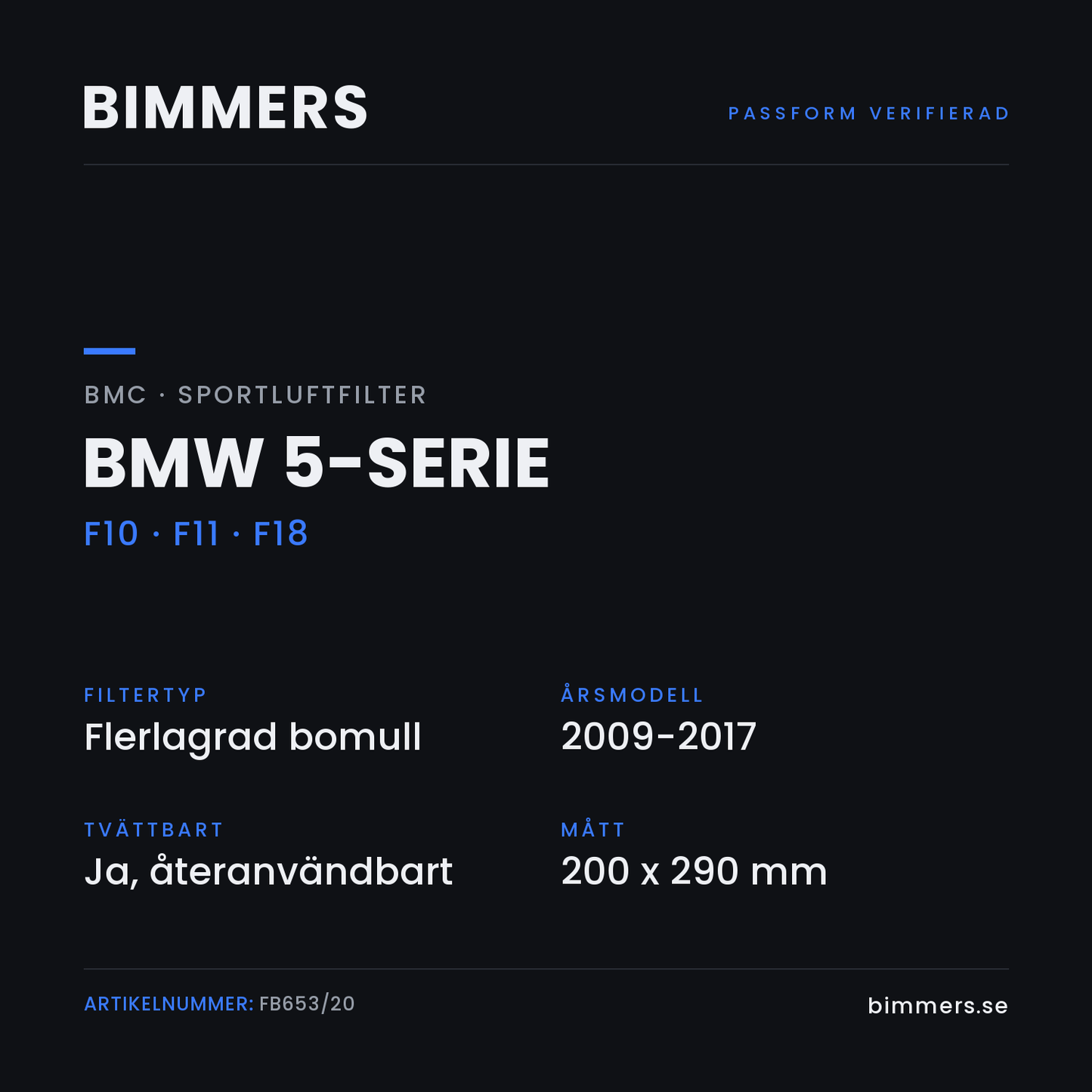 Faktabild med passform och specifikationer för BMC-luftfilter FB653/20 till BMW 5-serie