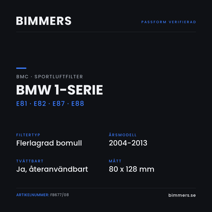 Faktabild med passform och specifikationer för BMC-luftfilter FB677/08 till BMW 1-serie