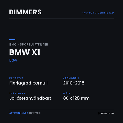 Faktabild med passform och specifikationer för BMC-luftfilter FB677/08 till BMW X1