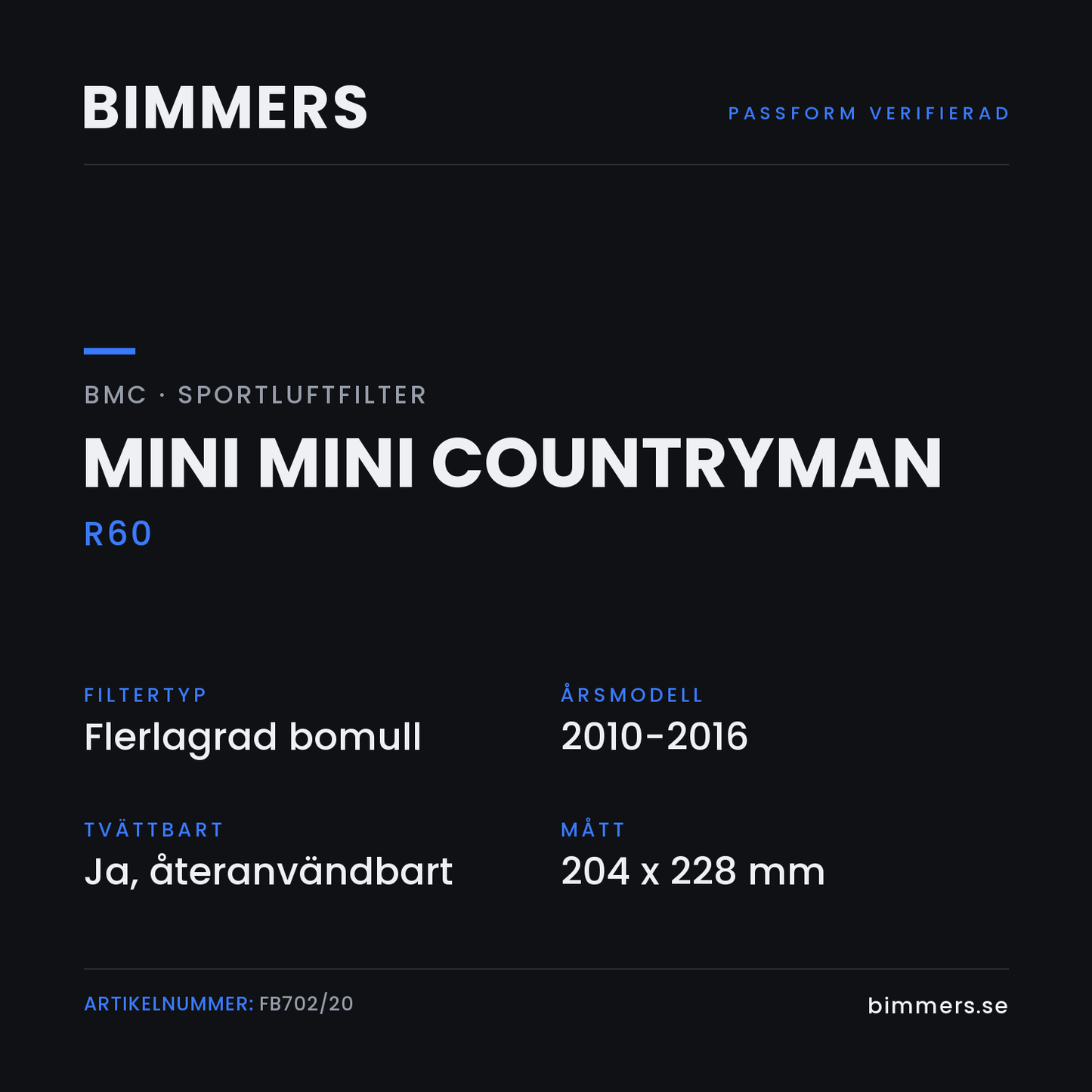 Faktabild med passform och specifikationer för BMC-luftfilter FB702/20 till MINI Mini Countryman