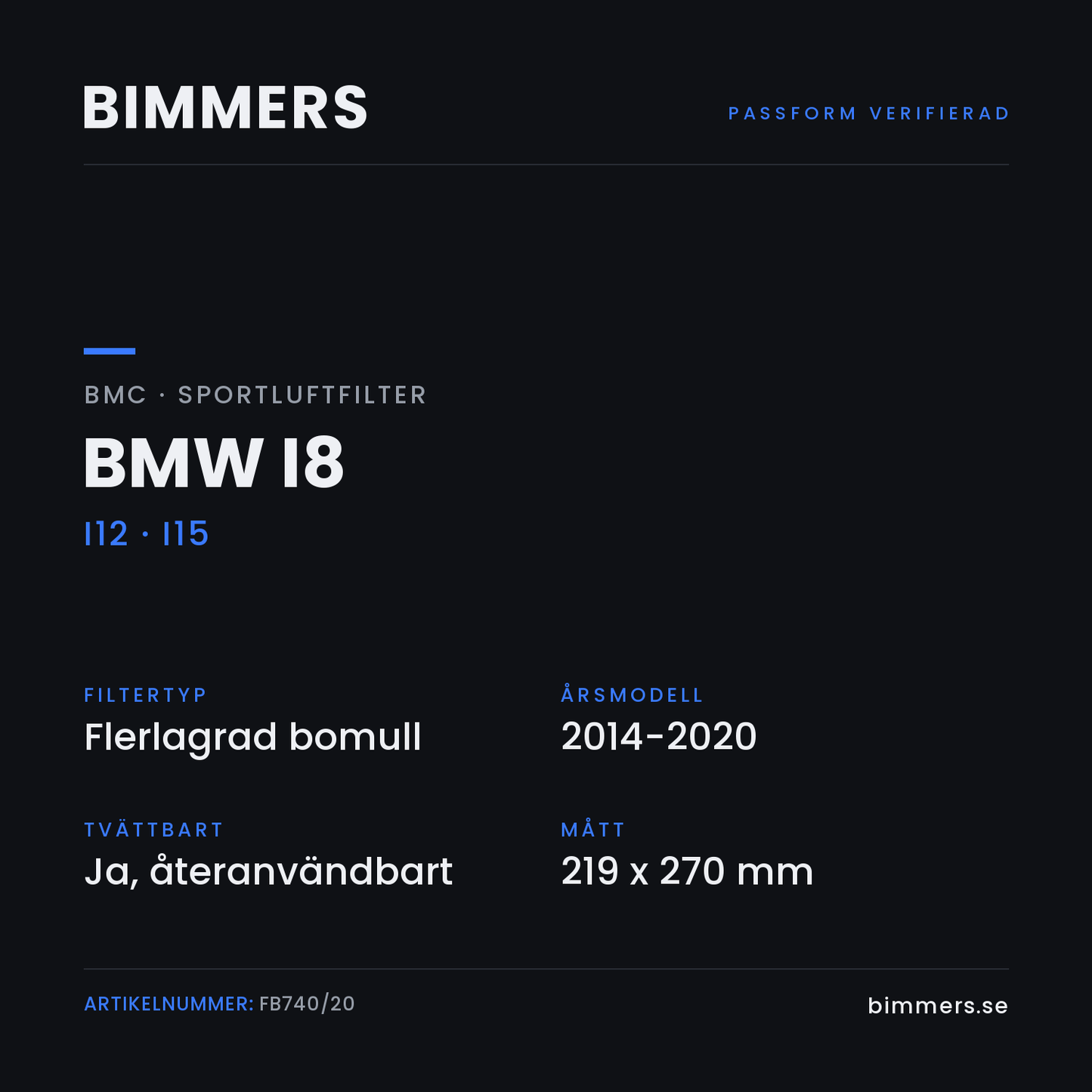 Faktabild med passform och specifikationer för BMC-luftfilter FB740/20 till BMW i8