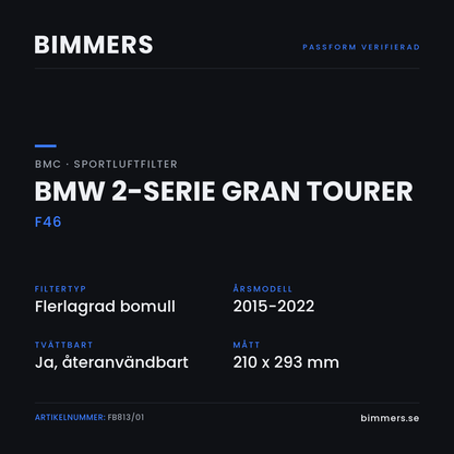 Faktabild med passform och specifikationer för BMC-luftfilter FB813/01 till BMW 2-serie Gran Tourer