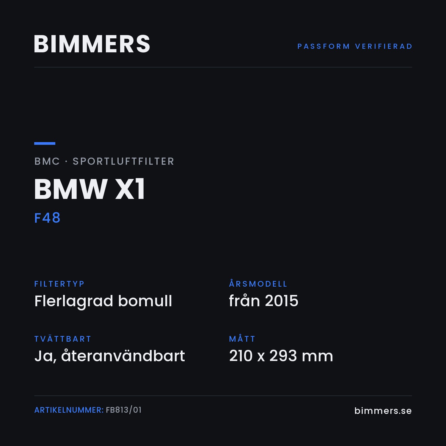 Faktabild med passform och specifikationer för BMC-luftfilter FB813/01 till BMW X1