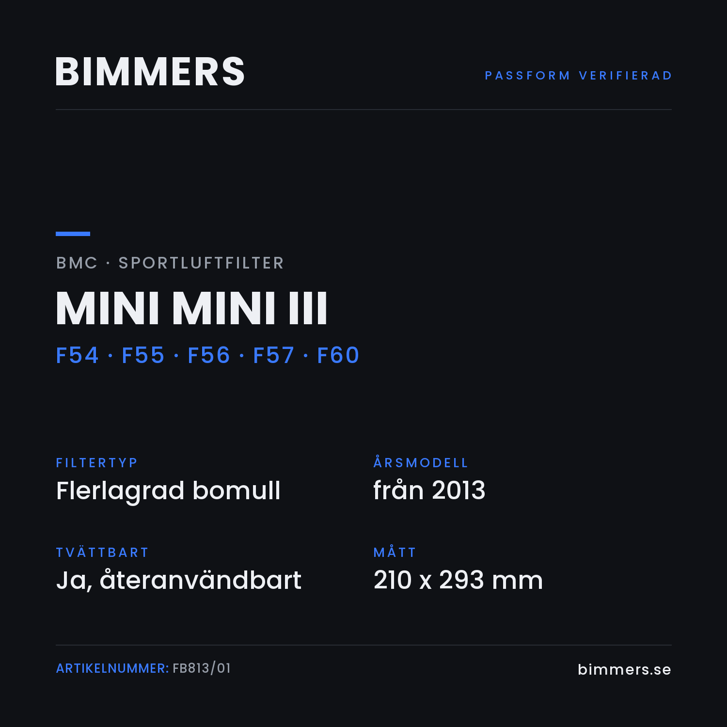 Faktabild med passform och specifikationer för BMC-luftfilter FB813/01 till MINI Mini III