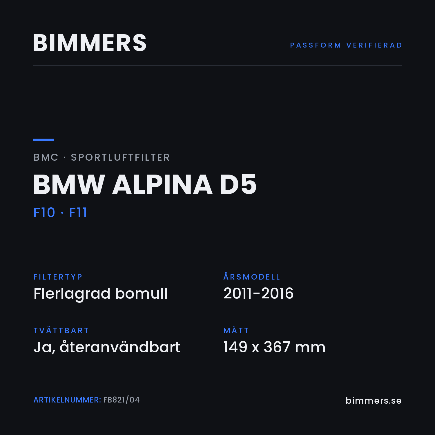 Faktabild med passform och specifikationer för BMC-luftfilter FB821/04 till BMW Alpina D5