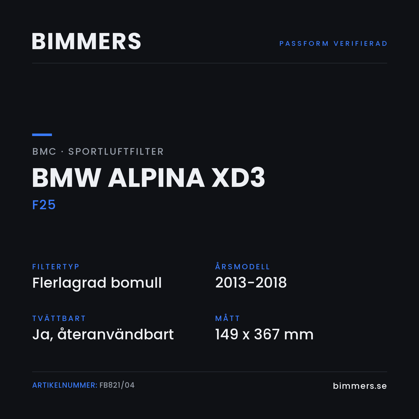 Faktabild med passform och specifikationer för BMC-luftfilter FB821/04 till BMW Alpina XD3