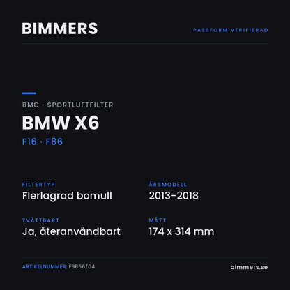 Faktabild med passform och specifikationer för BMC-luftfilter FB866/04 till BMW X6