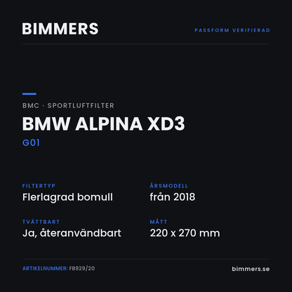 Faktabild med passform och specifikationer för BMC-luftfilter FB929/20 till BMW Alpina XD3