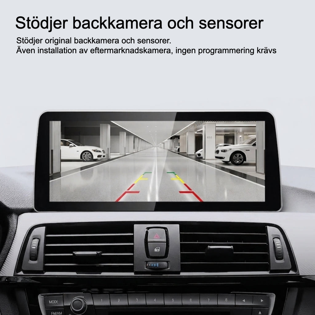 Bimmers 12.3" Androidskärm för BMW 3 och 4 serie F3X med trådlös Apple CarPlay och Android Auto stödjer backkamera och sensorer.