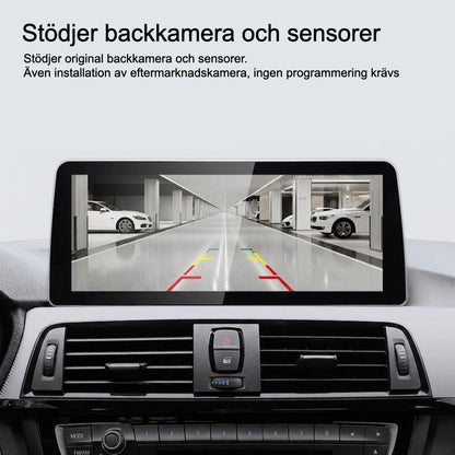 Bimmers 12.3" Androidskärm för BMW 3 och 4 serie F3X med trådlös Apple CarPlay och Android Auto stödjer backkamera och sensorer.