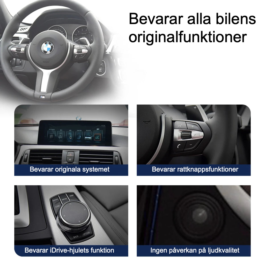 Bimmers 12.3" Androidskärm för BMW 3 och 4 serie F3X med trådlös Apple CarPlay och Android Auto bevarar bilens originalfunktioner som rattknappar och idrive hjul.