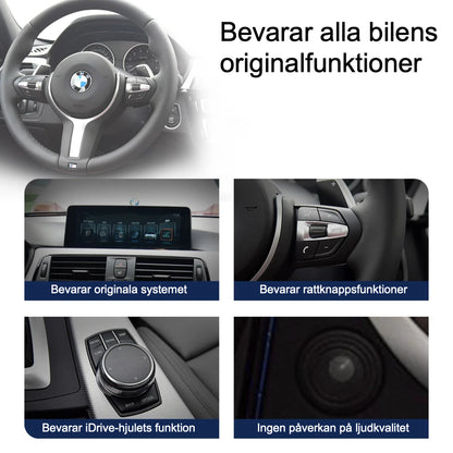 Bimmers 12.3" Androidskärm för BMW 3 och 4 serie F3X med trådlös Apple CarPlay och Android Auto bevarar bilens originalfunktioner som rattknappar och idrive hjul.