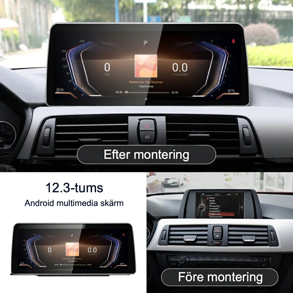 Bimmers 12.3" Androidskärm för BMW 3 och 4 serie F3X med trådlös Apple CarPlay och Android Auto, före och efter bild.