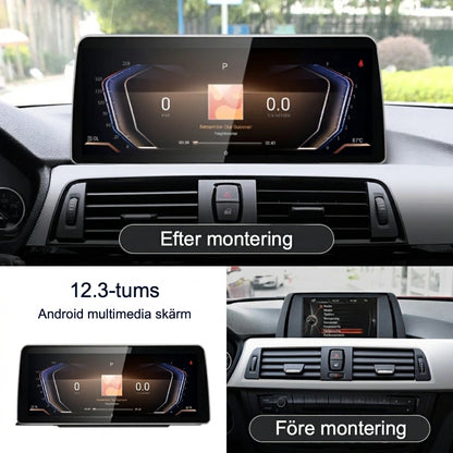 Bimmers 12.3" Androidskärm för BMW 3 och 4 serie F3X med trådlös Apple CarPlay och Android Auto, före och efter bild.