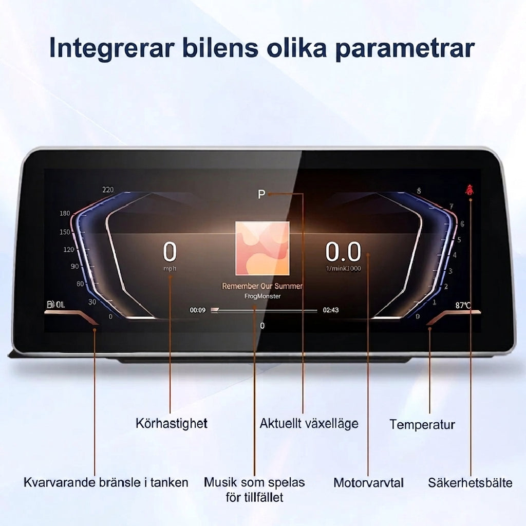 Bimmers 12.3" Androidskärm för BMW 3 och 4 serie F3X med trådlös Apple CarPlay och Android Auto integrerar bilens parametrar.