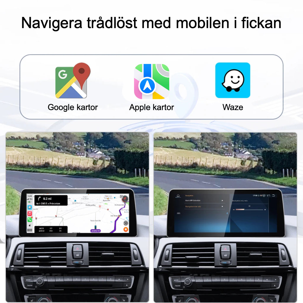 Bimmers 12.3" Androidskärm för BMW 3 och 4 serie F3X med trådlös Apple CarPlay och Android Auto ger tillgång till navigation med olika appar för kartor.