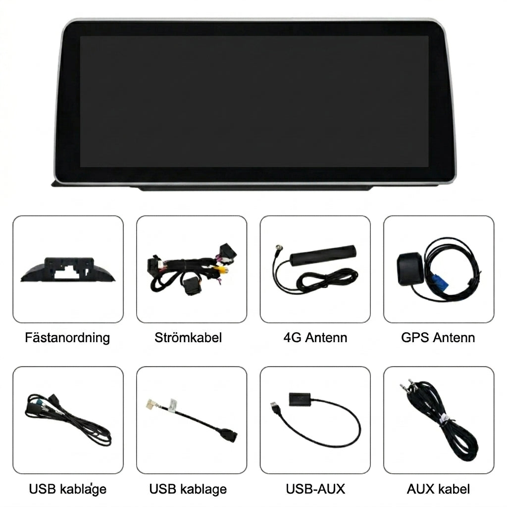 Bimmers 12.3" Androidskärm för BMW 3 och 4 serie F3X med trådlös Apple CarPlay och Android Auto paket innehåll.