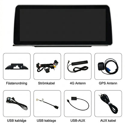 Bimmers 12.3" Androidskärm för BMW 3 och 4 serie F3X med trådlös Apple CarPlay och Android Auto paket innehåll.