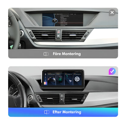 Bimmers Androidskärm för BMW X1 E84 före och efer bild för bilar med skärm från fabrik.