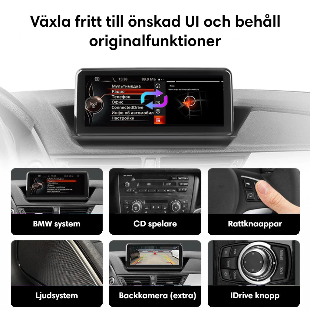 Bevarande av bilens originalfunktoner som exempelvis rattknappar, iDrive hjul, och bibehållen ljudkvalitet med Bimmers Androidskärm för BMW X1 E84.