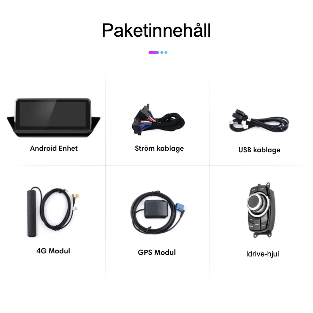 Bimmers Androidskärm för X1 E84 paketinnehåll.