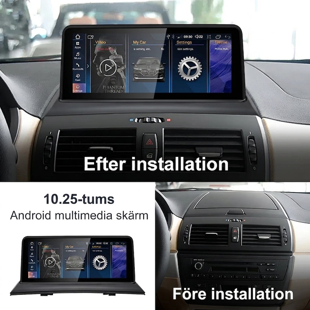 Bimmers Androidskärm/bilstereo för BMW X3 E83, före och efter bild.