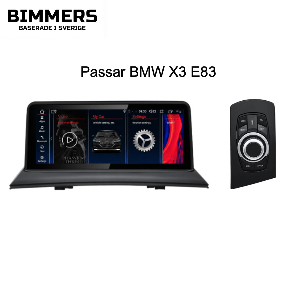 Bimmers Androidskärm för BMW X3 E83 med trådlös Apple CarPlay och Android Auto, och kamera.