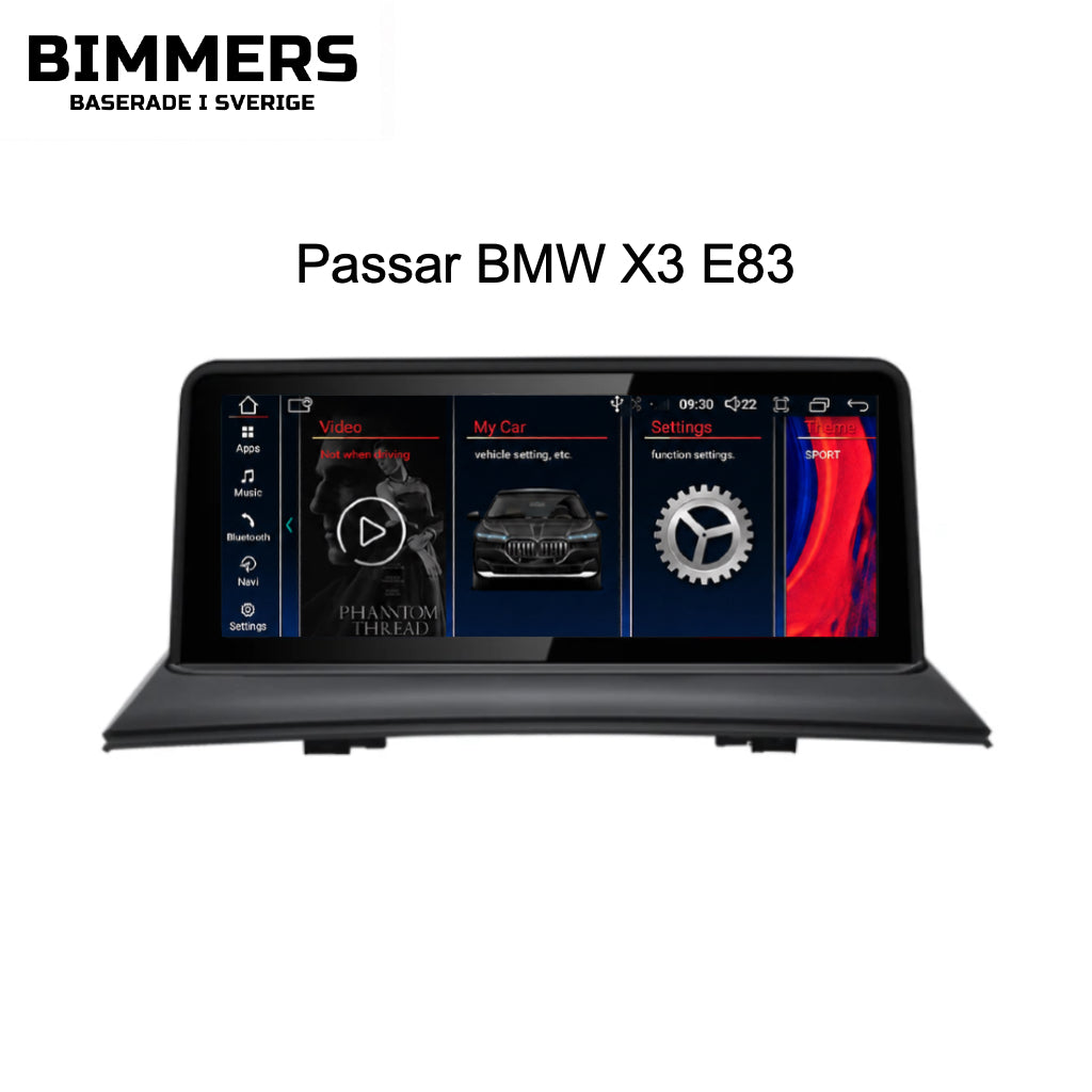 Bimmers Androidskärm för BMW X3 E83 med trådlös Apple CarPlay och Android Auto.