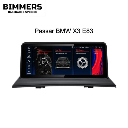 Bimmers Androidskärm för BMW X3 E83 med trådlös Apple CarPlay och Android Auto.