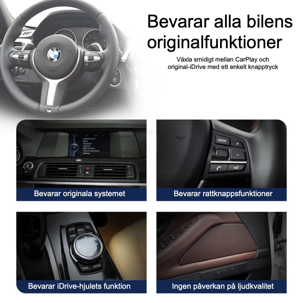 Bimmers Linux-skärm för BMW F10 och F11 bevarar bilens originalfunktioner som rattknappar, iDrive-hjul.
