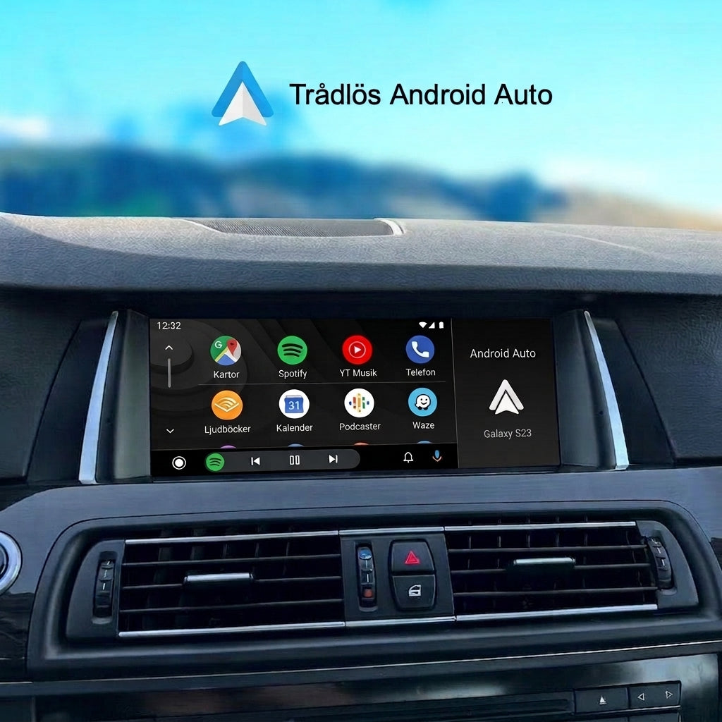 Bimmers Linux-skärm för BMW F10 och F11, trådlös Android Auto funktionalitet.