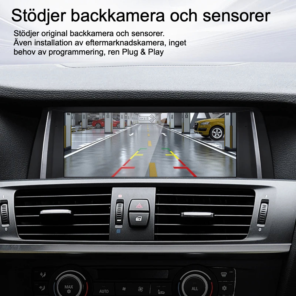 Bimmers Androidskärm för BMW X3 och X4 (F25, F26) stödjer backkamera och sensorer.