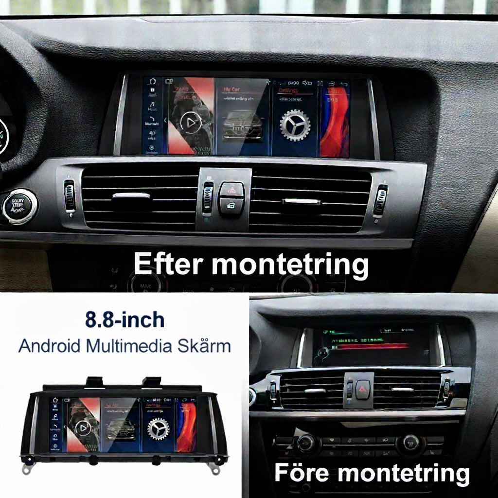 Bimmers Androidskärm/bilstereo för BMW X3 och X4 (F25, F26), för och efter bild.