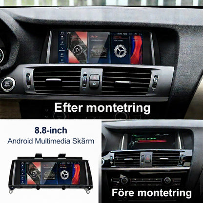 Bimmers Androidskärm/bilstereo för BMW X3 och X4 (F25, F26), för och efter bild.