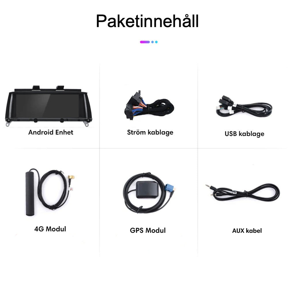 Bimmers Androidskärm för BMW X3 och X4 (F25,F26) paketinnehåll.