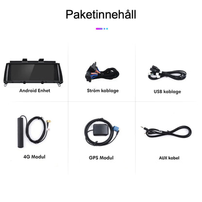 Bimmers Androidskärm för BMW X3 och X4 (F25,F26) paketinnehåll.