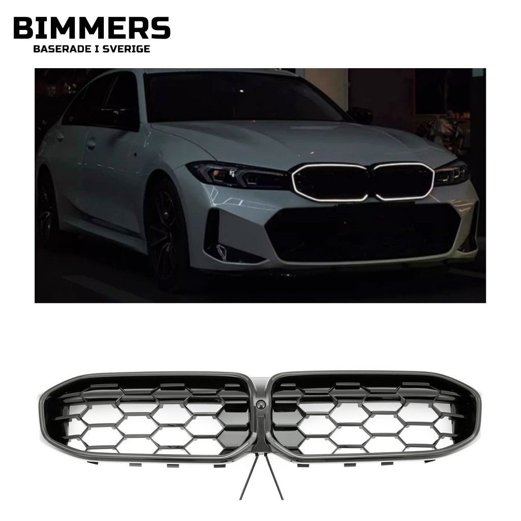 LED-njurgrill bikakemönster BMW 3-serie G20 G21 LCI från 2022, blank svart, bild 1