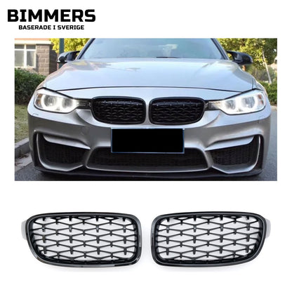 Njurgrill diamantmönster BMW 3-serie F30 F31 2011-2019, blank svart, bild 1