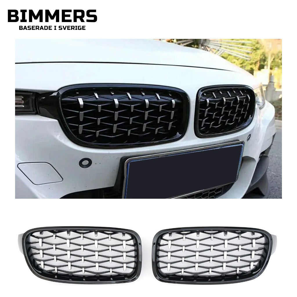 Njurgrill diamantmönster BMW 3-serie F30 F31 2011-2019, blank svart med krom, bild 1