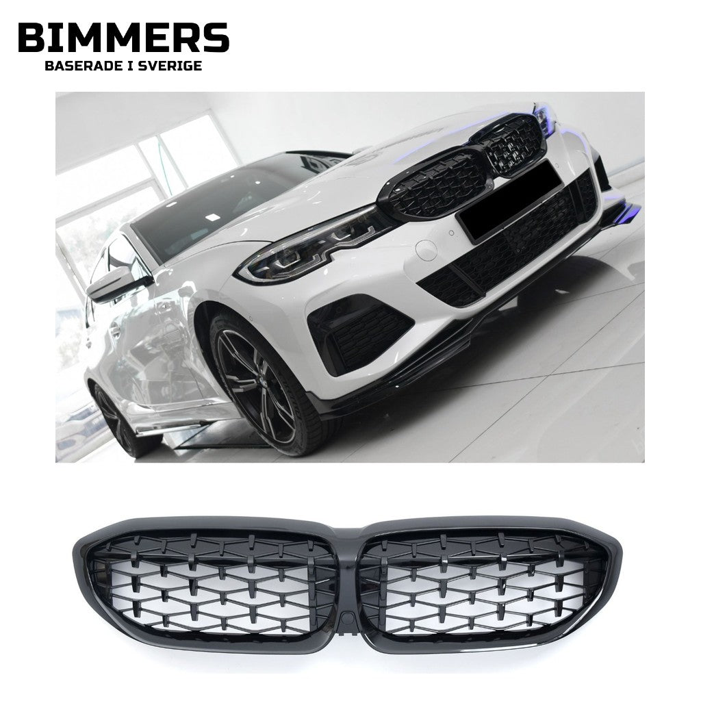 Njurgrill diamantmönster BMW 3-serie G20 G21 Pre LCI 2019-2022, blank svart, bild 1
