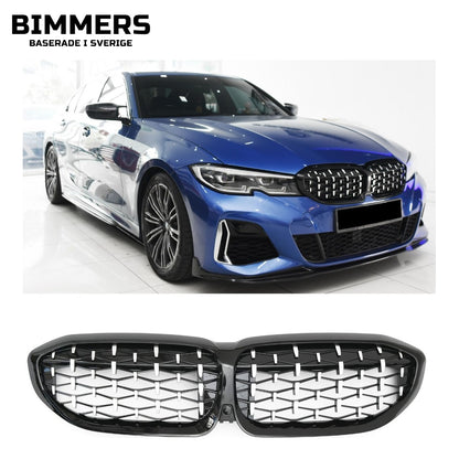 Njurgrill diamantmönster BMW 3-serie G20 G21 Pre LCI 2019-2022, blank svart med krom, bild 1