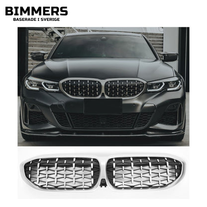 Njurgrill diamantmönster BMW 3-serie G20 G21 Pre LCI 2019-2022, blank svart med krom och kromram, bild 1