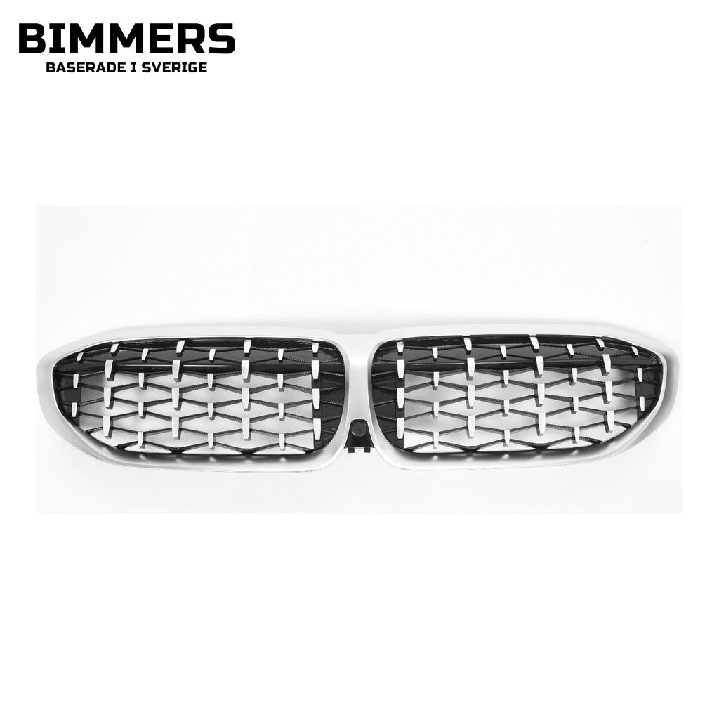 Njurgrill diamantmönster BMW 3-serie G20 G21 Pre LCI 2019-2022, blank svart med krom och kromram, bild 2