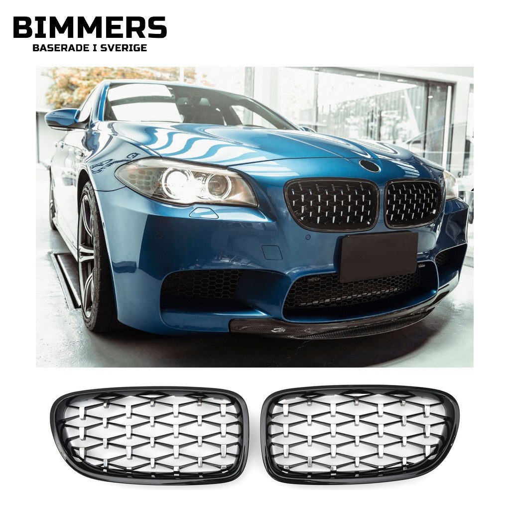 Njurgrill diamantmönster BMW 5-serie F10 F11 2010-2017, blank svart med krom, bild 1