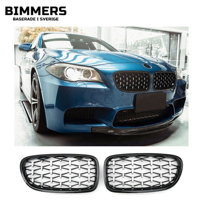 Njurgrill diamantmönster BMW 5-serie F10 F11 2010-2017, blank svart med krom, bild 1