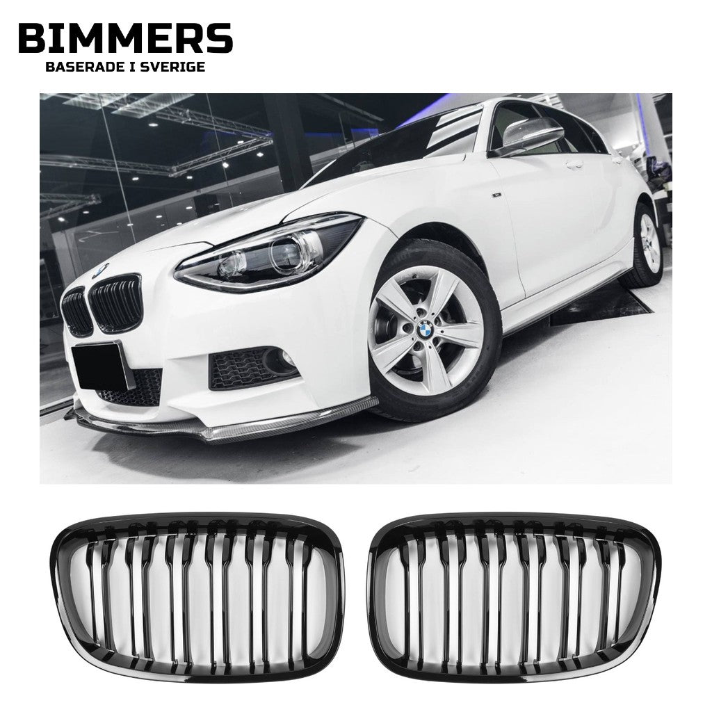 Njurgrill dubbla ribbor BMW 1-serie F20 F21 Pre LCI 2011-2015, blank svart, bild 1