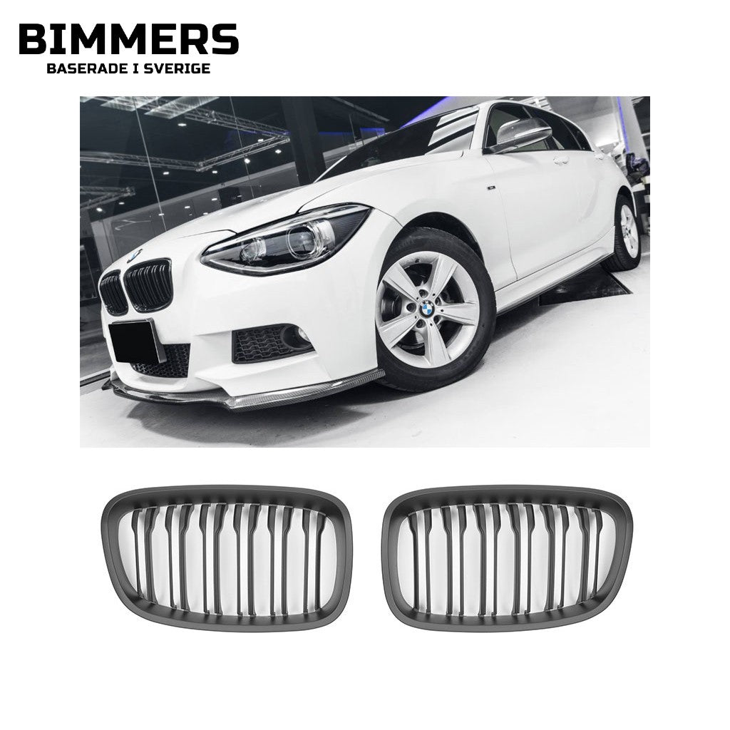 Njurgrill dubbla ribbor BMW 1-serie F20 F21 Pre LCI 2011-2015, matt svart, bild 1