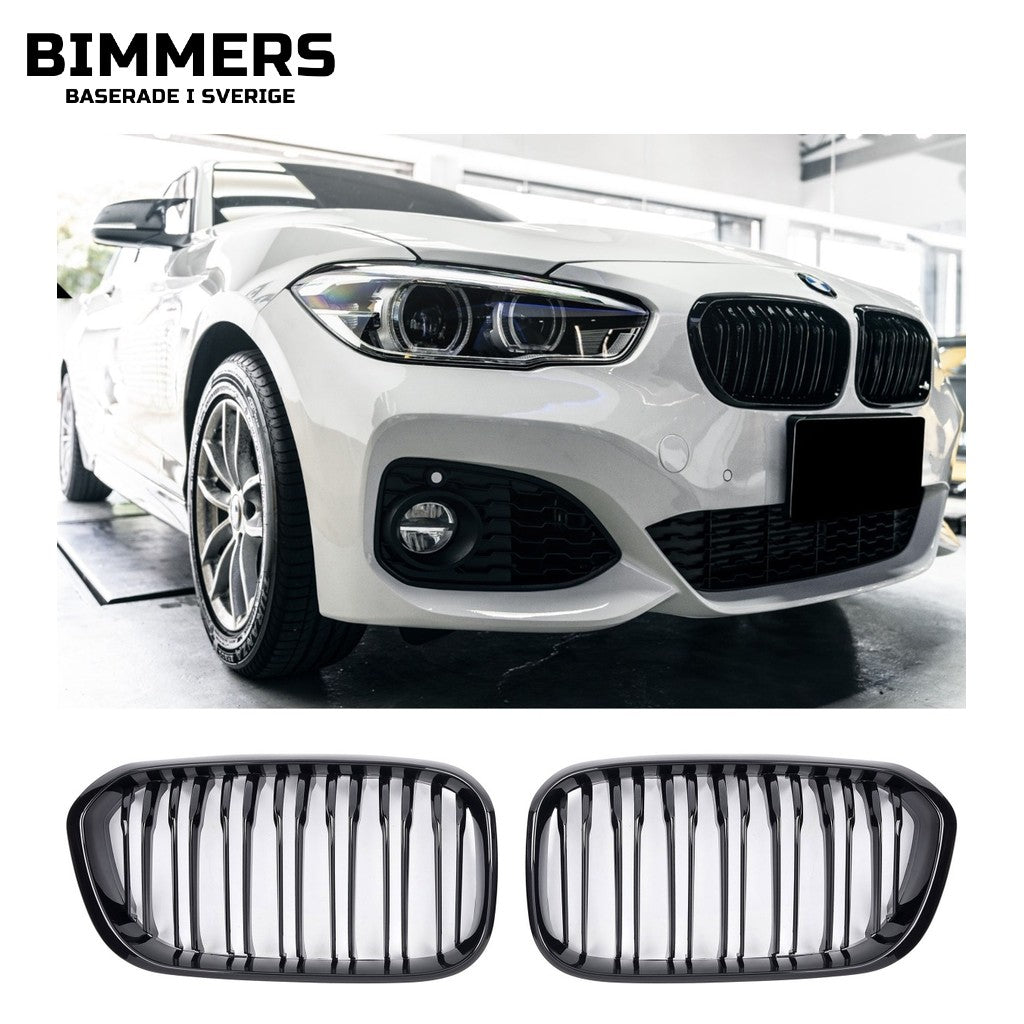 Njurgrill dubbla ribbor BMW 1-serie F20 F21 LCI från 2015, blank svart, bild 1